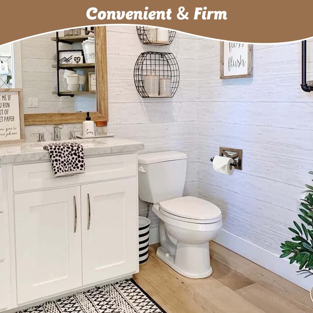 Farmhouse Toilet Paper Holder With Galvanized Metal& Black Metal - Rustic Warm Brown Wood Wall Mount Toilet Roll Holder For Bath